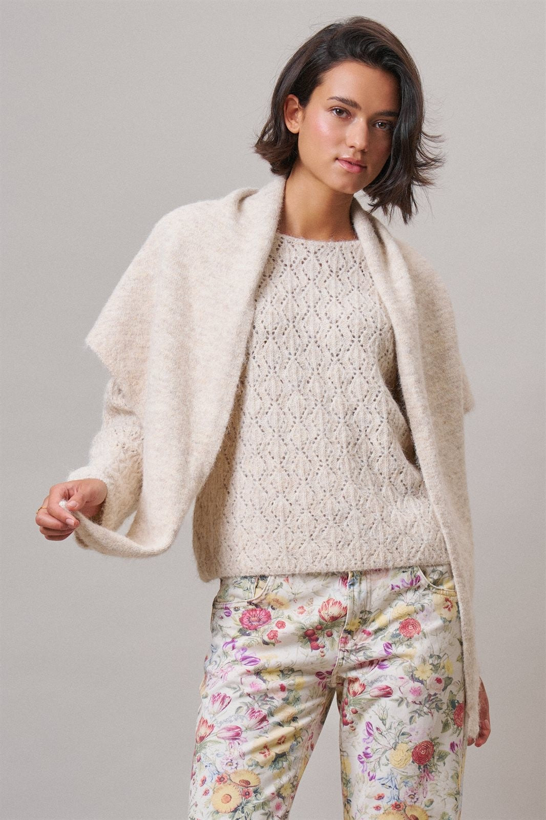 Pointelle Knit Sweater and Shawl Set in Natural - Women's Sweaters | Urban Daizy