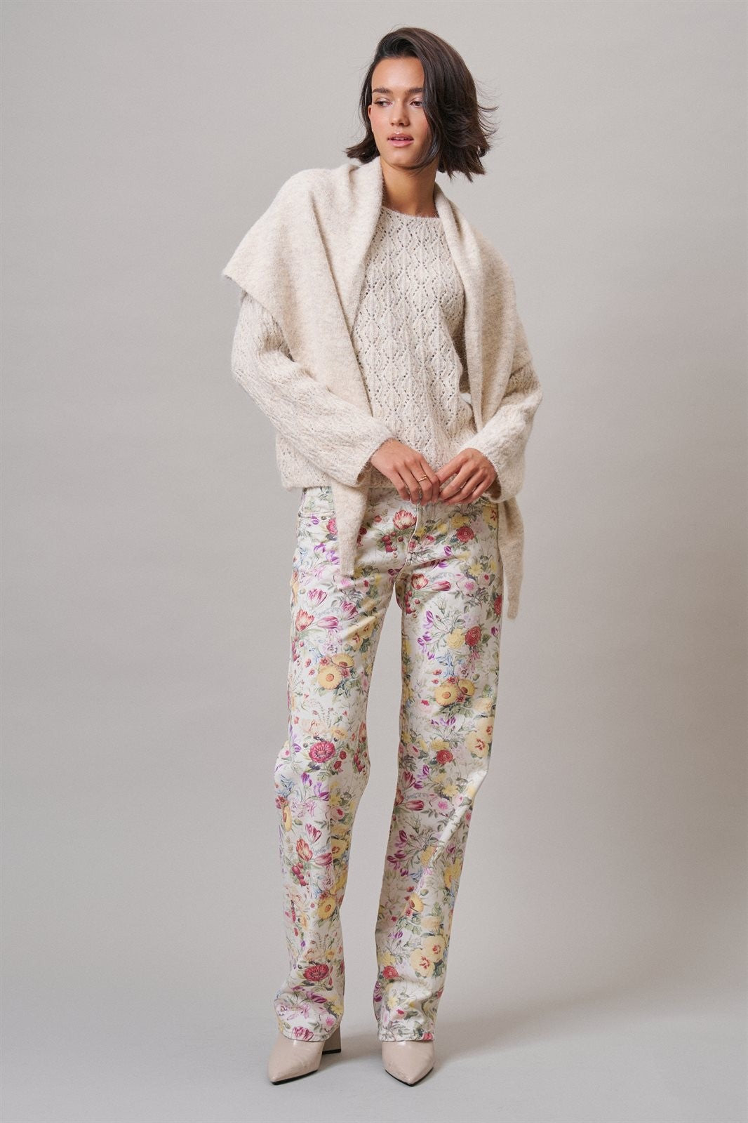 Pointelle Knit Sweater and Shawl Set in Natural - Women's Sweaters | Urban Daizy