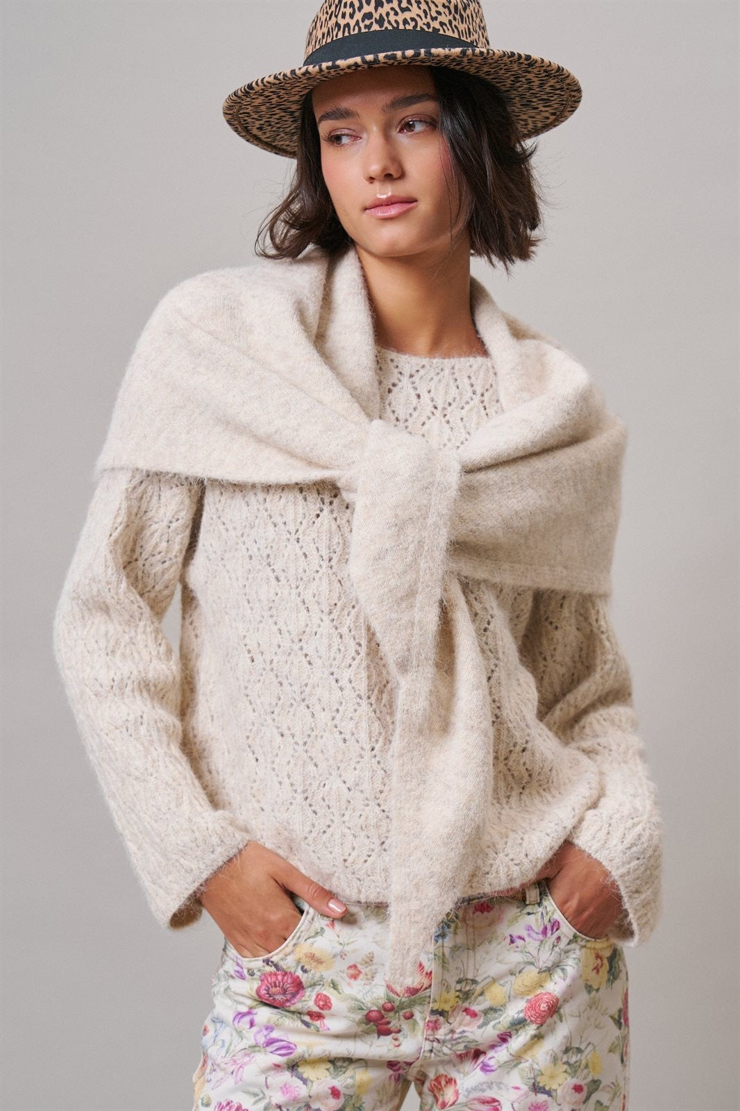 Pointelle Knit Sweater and Shawl Set in Natural - Women's Sweaters | Urban Daizy