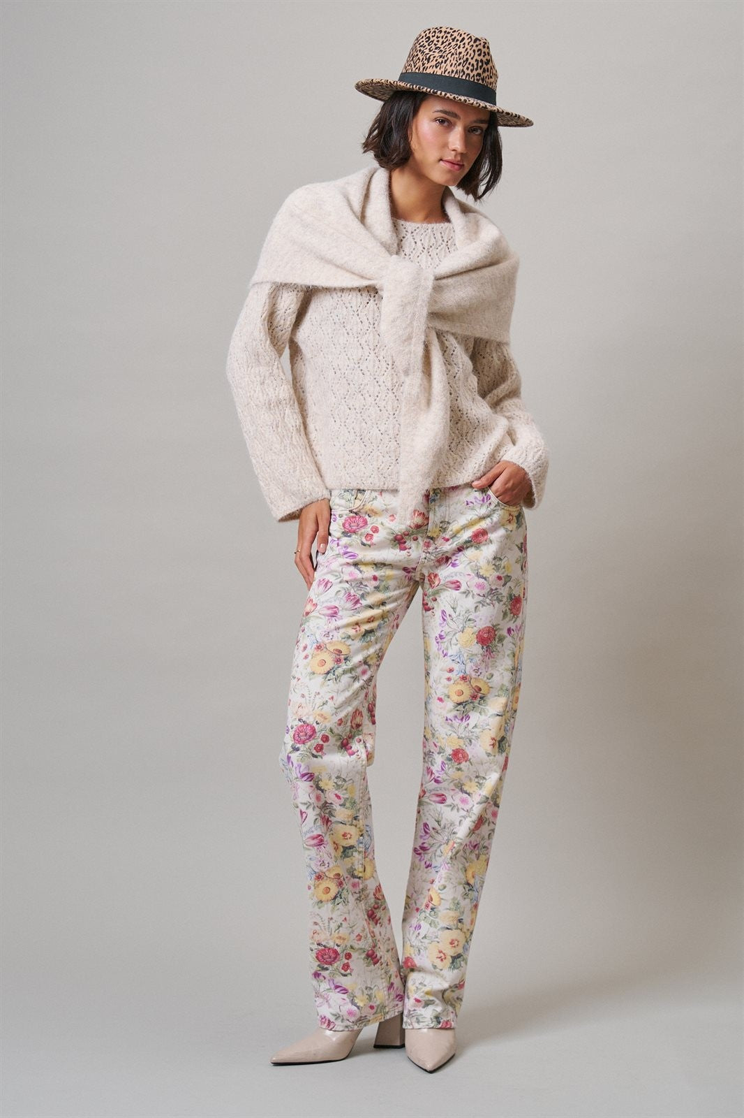 Pointelle Knit Sweater and Shawl Set in Natural - Women's Sweaters | Urban Daizy