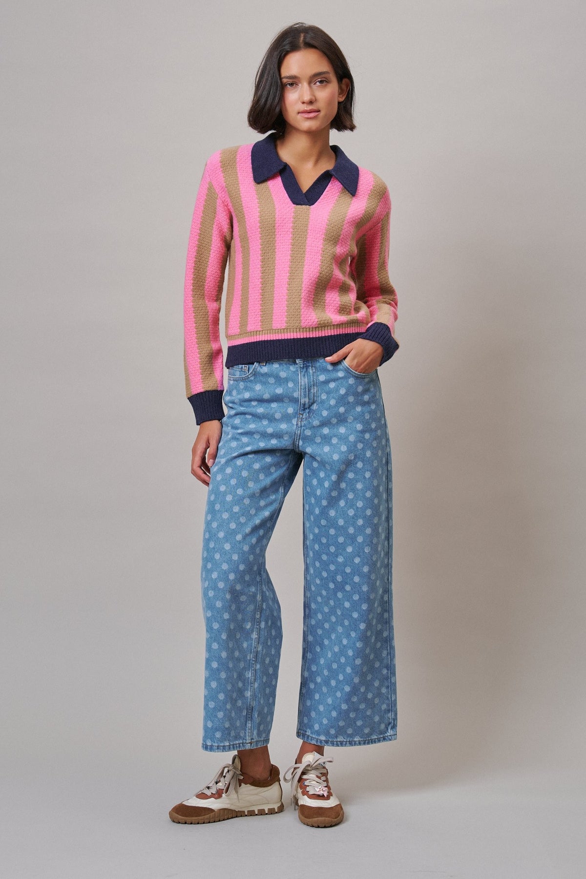Sugar Rush Stripe Polo Sweater in Pink/taupe - Women's Sweaters | Urban Daizy