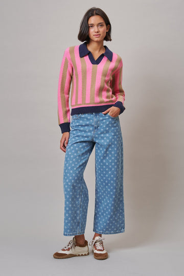 Contrast Stripe Collared Knit