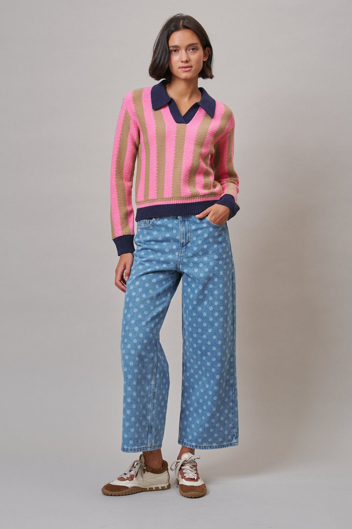 Sugar Rush Stripe Polo Sweater in Pink/taupe - Women's Sweaters | Urban Daizy