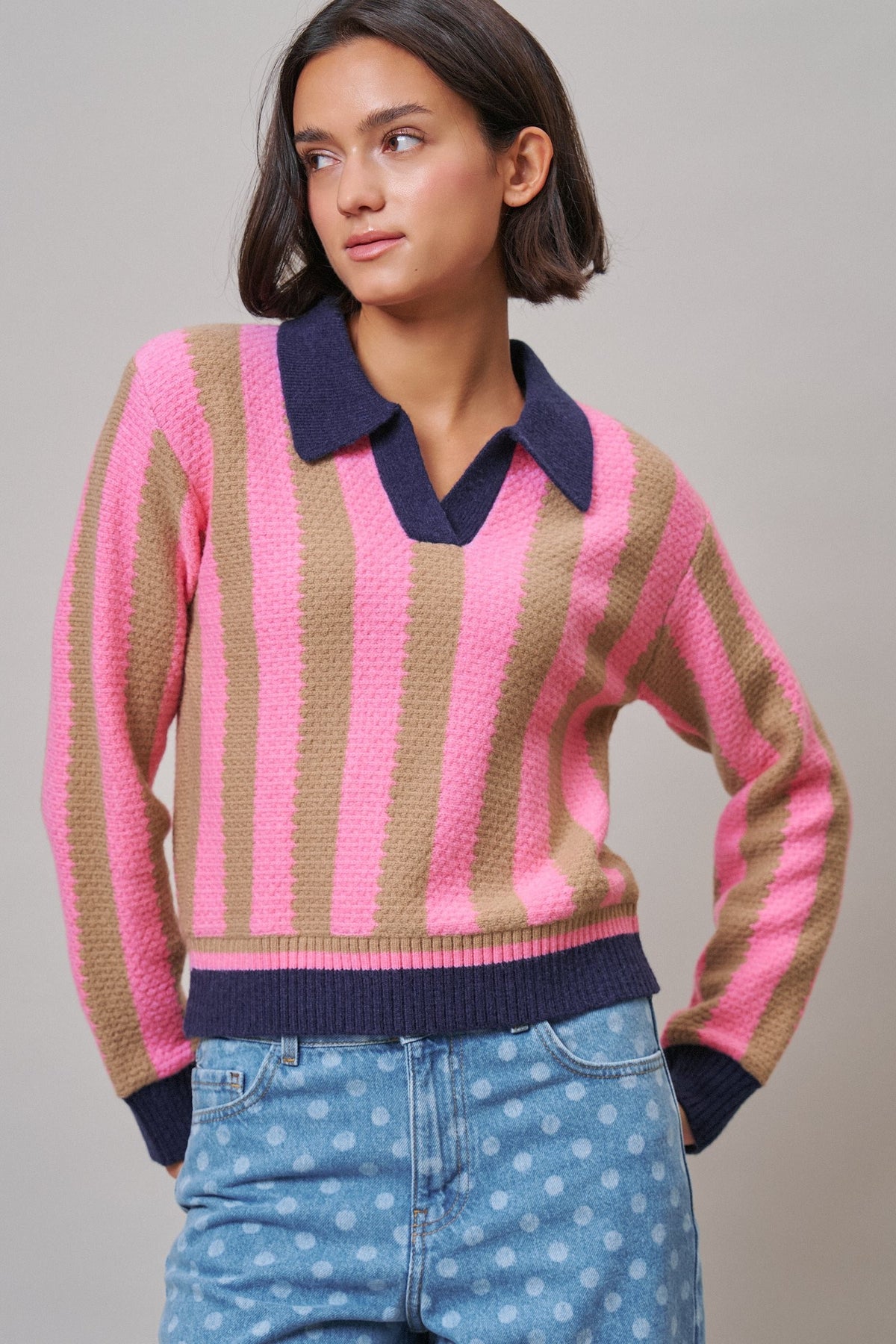 Sugar Rush Stripe Polo Sweater in Pink/taupe - Women's Sweaters | Urban Daizy