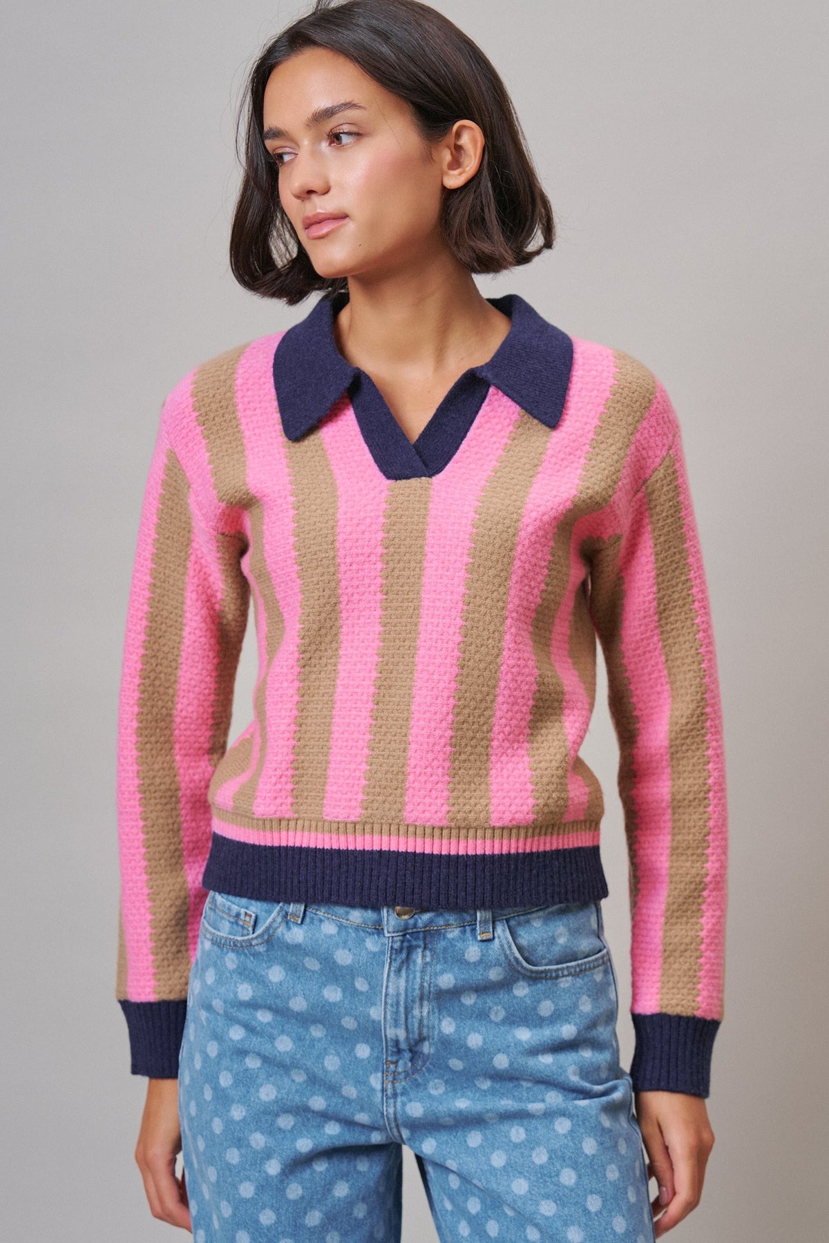 Sugar Rush Stripe Polo Sweater in Pink/taupe - Women's Sweaters | Urban Daizy