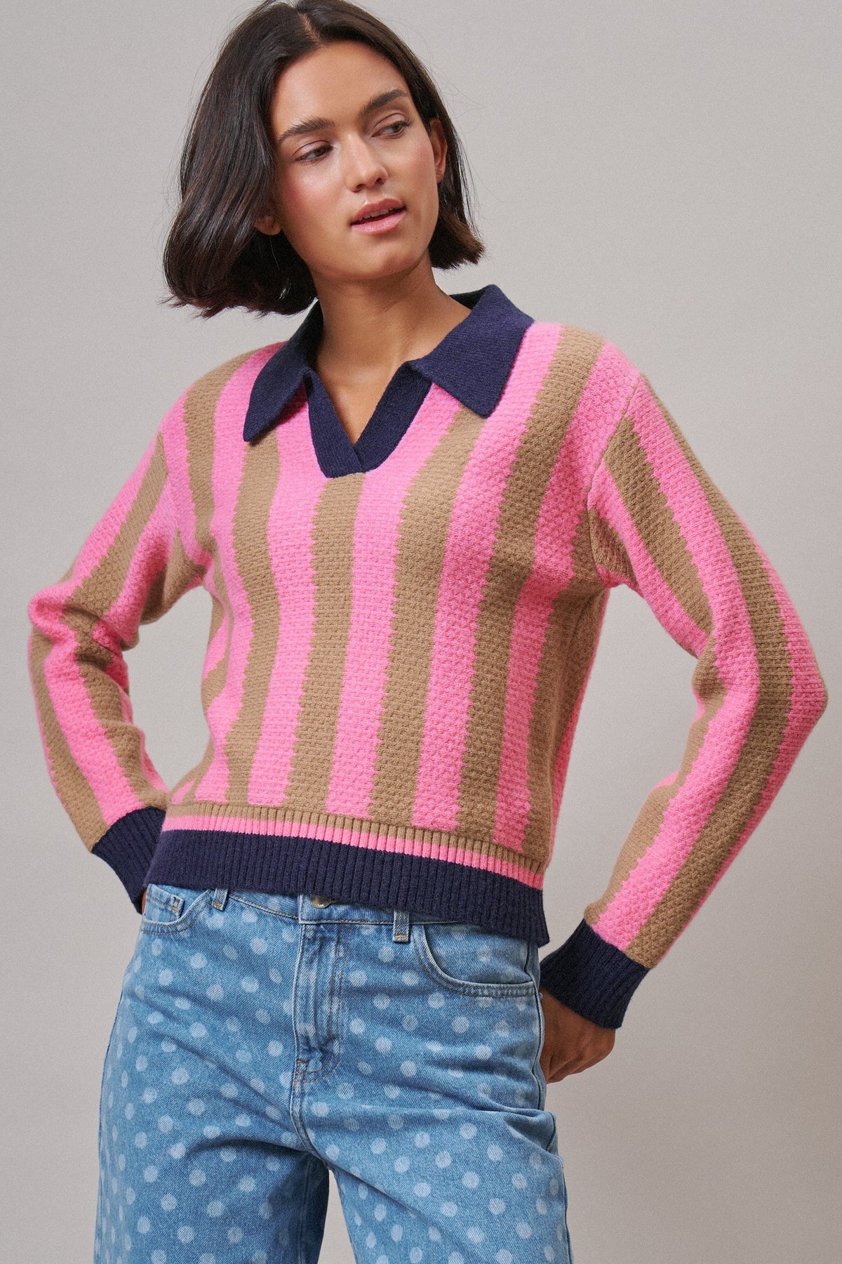 Sugar Rush Stripe Polo Sweater in Pink/taupe - Women's Sweaters | Urban Daizy