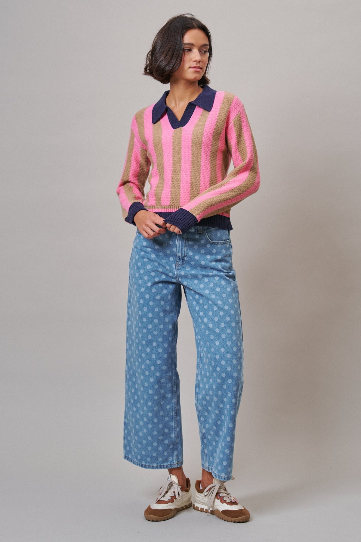 Sugar Rush Stripe Polo Sweater in Pink/taupe - Women's Sweaters | Urban Daizy