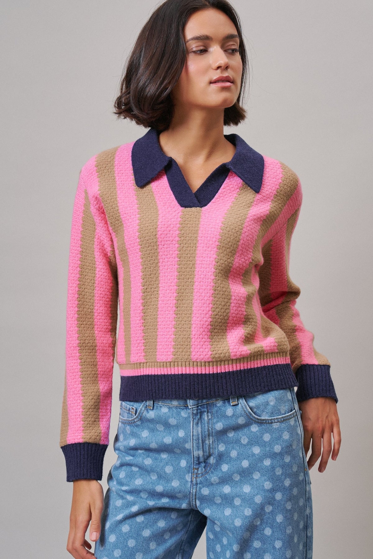 Sugar Rush Stripe Polo Sweater in Pink/taupe - Women's Sweaters | Urban Daizy