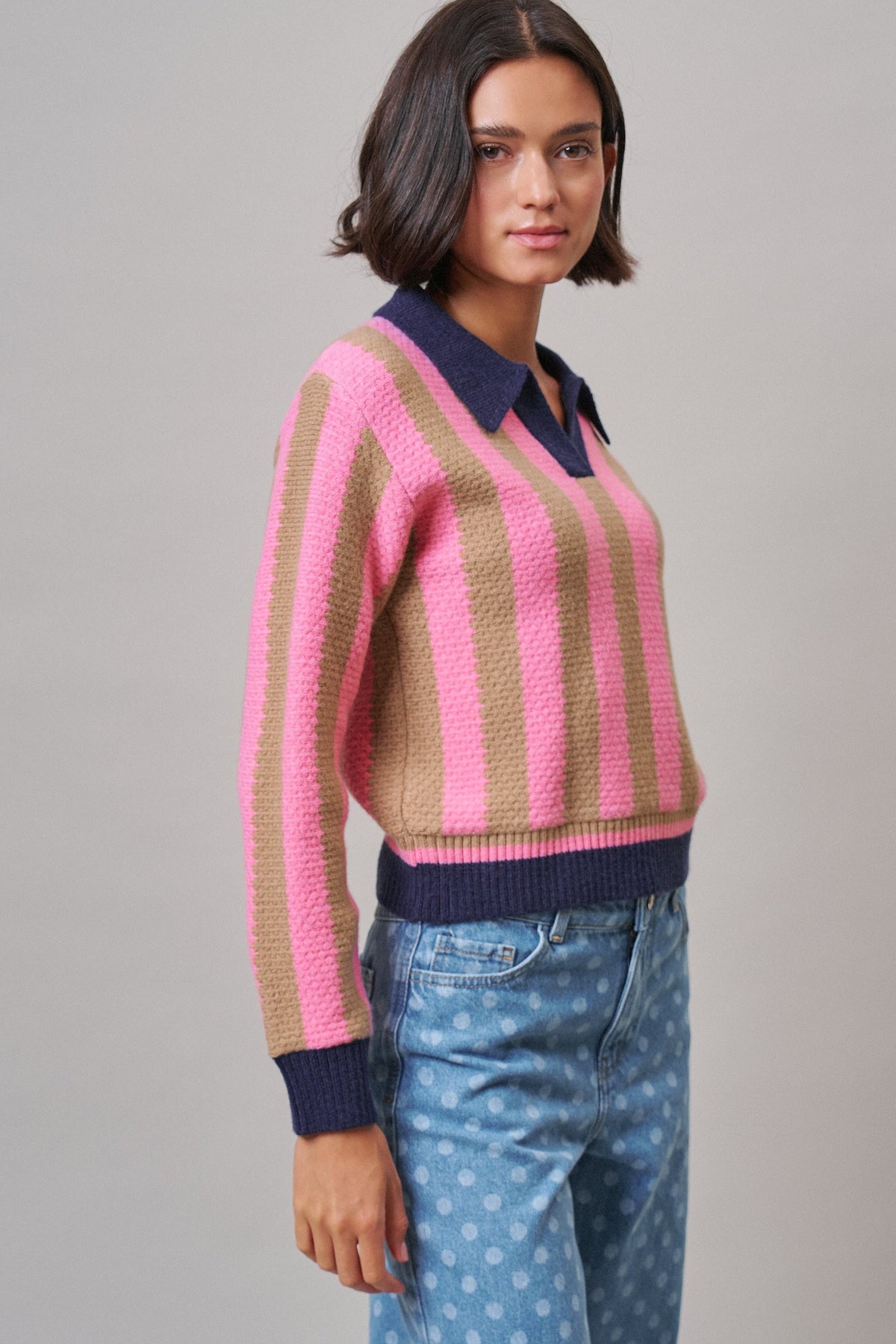 Sugar Rush Stripe Polo Sweater in Pink/taupe - Women's Sweaters | Urban Daizy