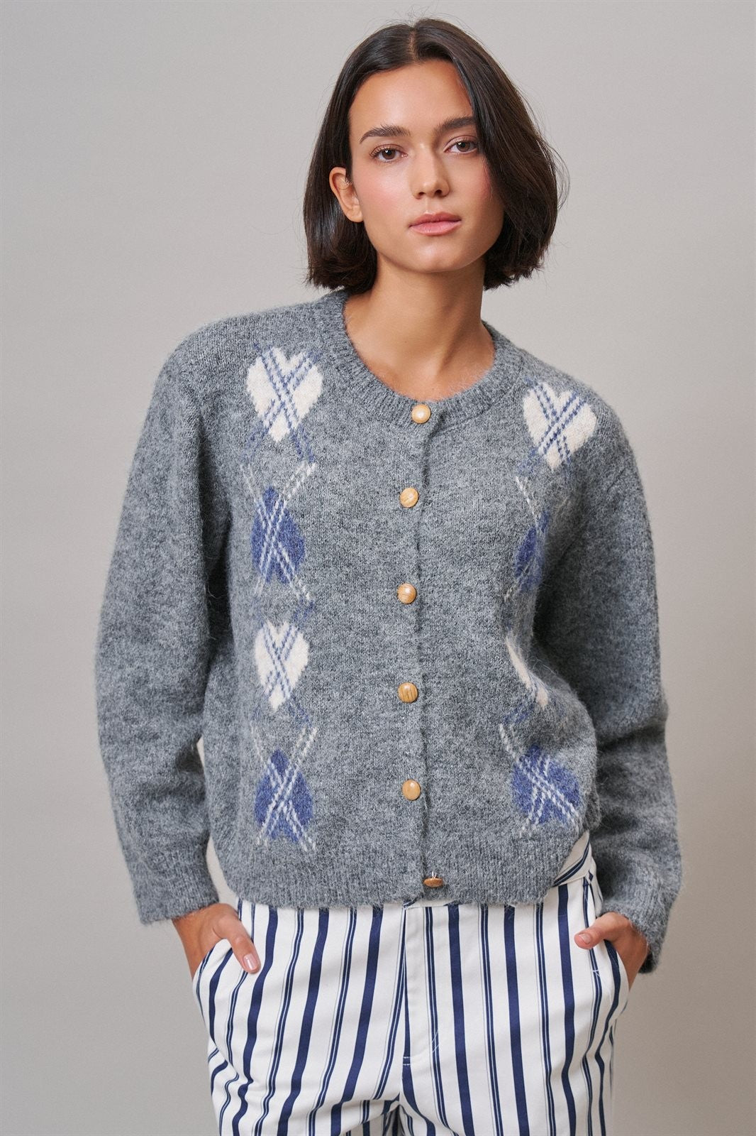 Prep School Argyle Knit Cardigan in Grey - Women's Cardigans & Shrugs | Urban Daizy
