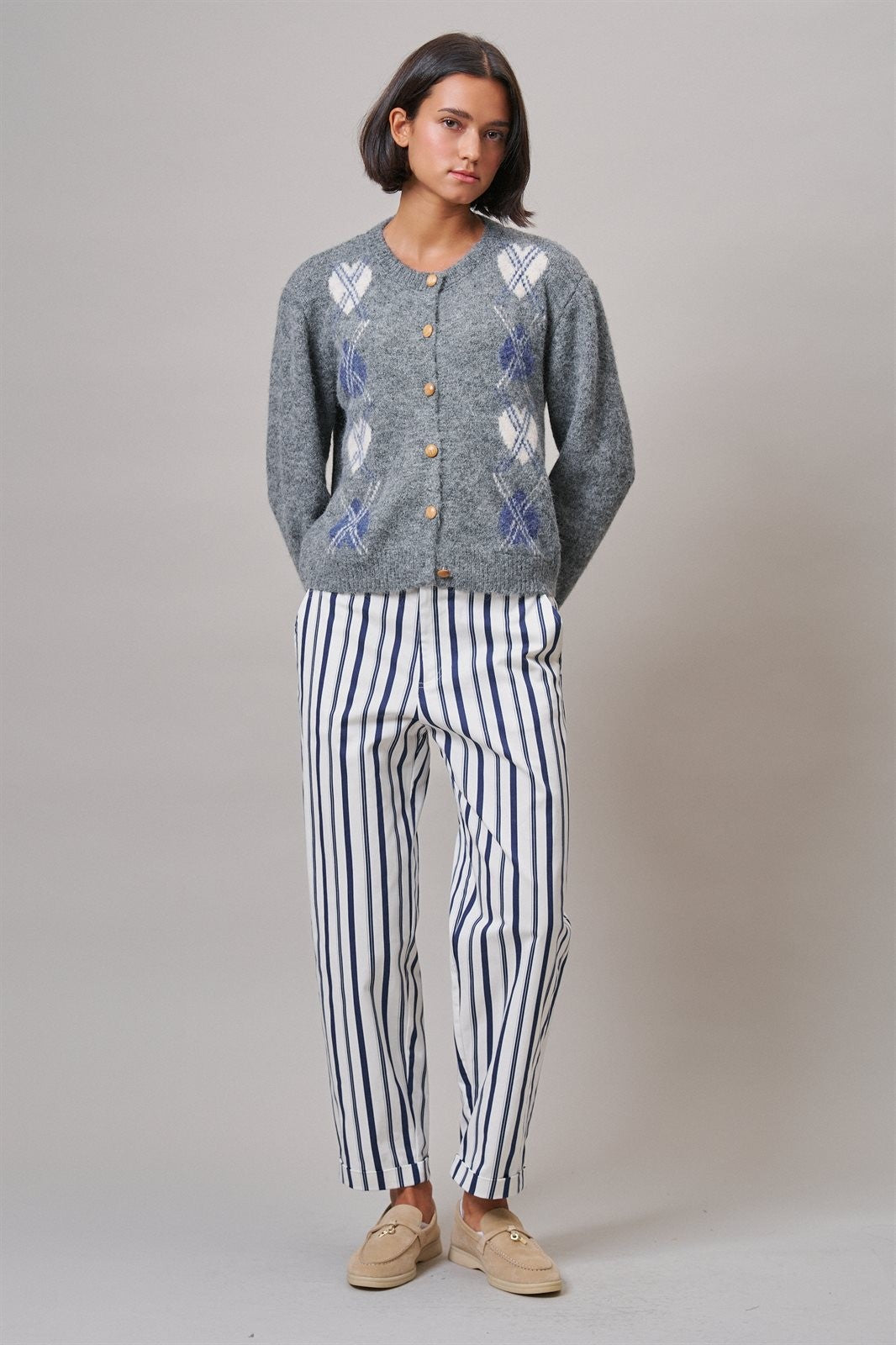 Prep School Argyle Knit Cardigan in Grey - Women's Cardigans & Shrugs | Urban Daizy
