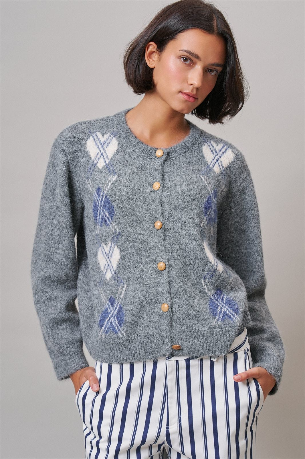 Prep School Argyle Knit Cardigan in Grey - Women's Cardigans & Shrugs | Urban Daizy