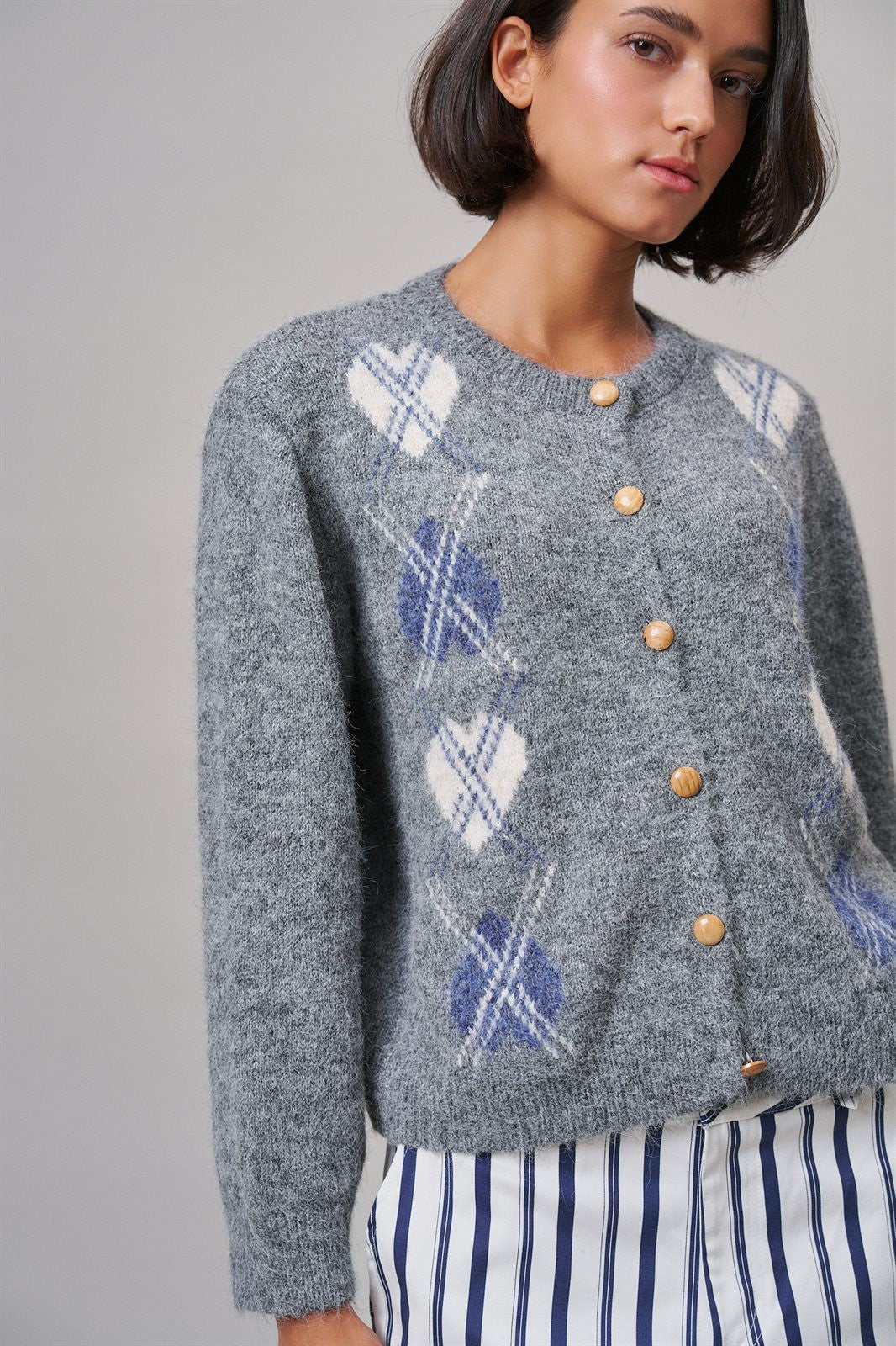 Prep School Argyle Knit Cardigan in Grey - Women's Cardigans & Shrugs | Urban Daizy