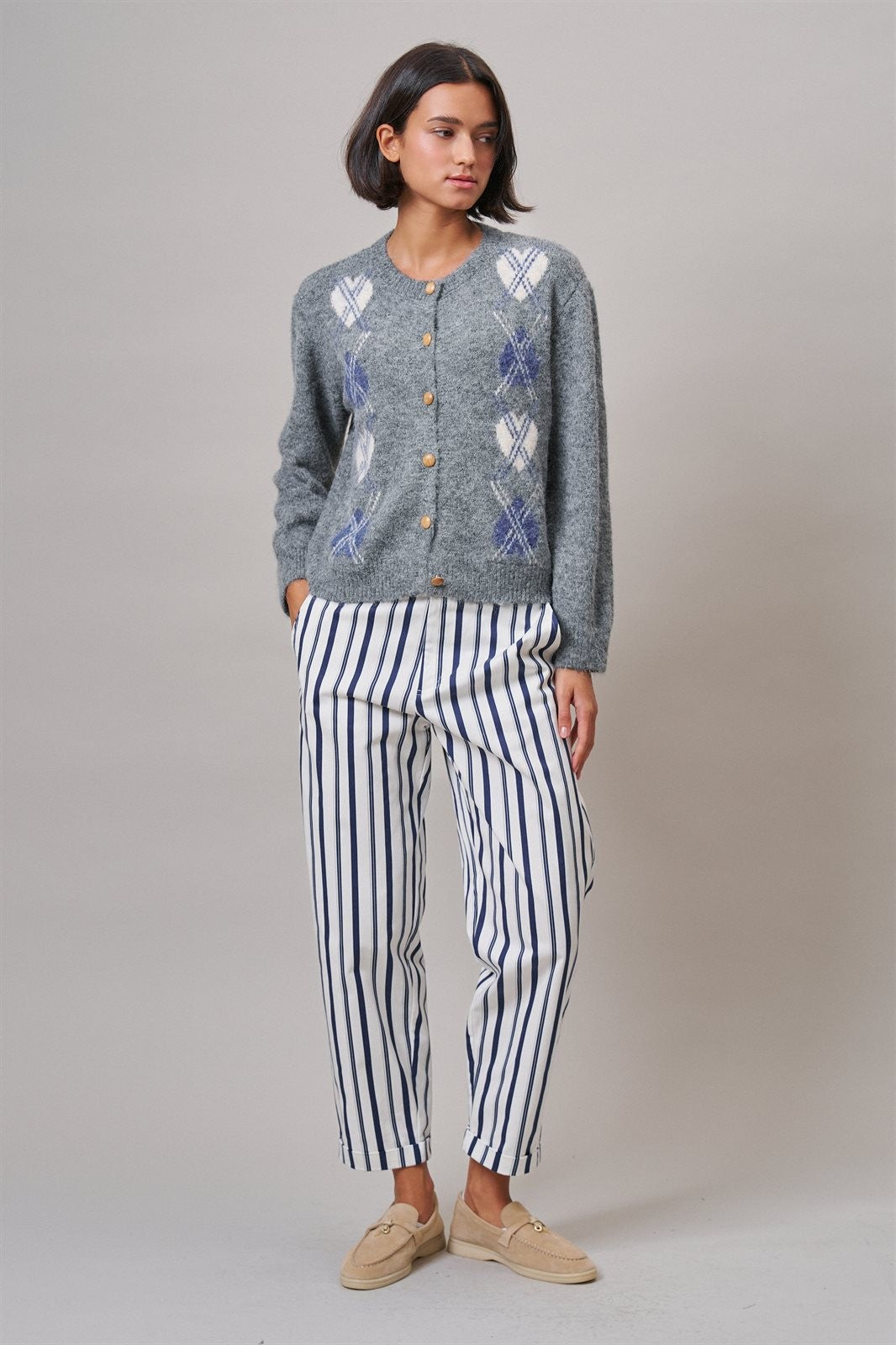 Prep School Argyle Knit Cardigan in Grey - Women's Cardigans & Shrugs | Urban Daizy
