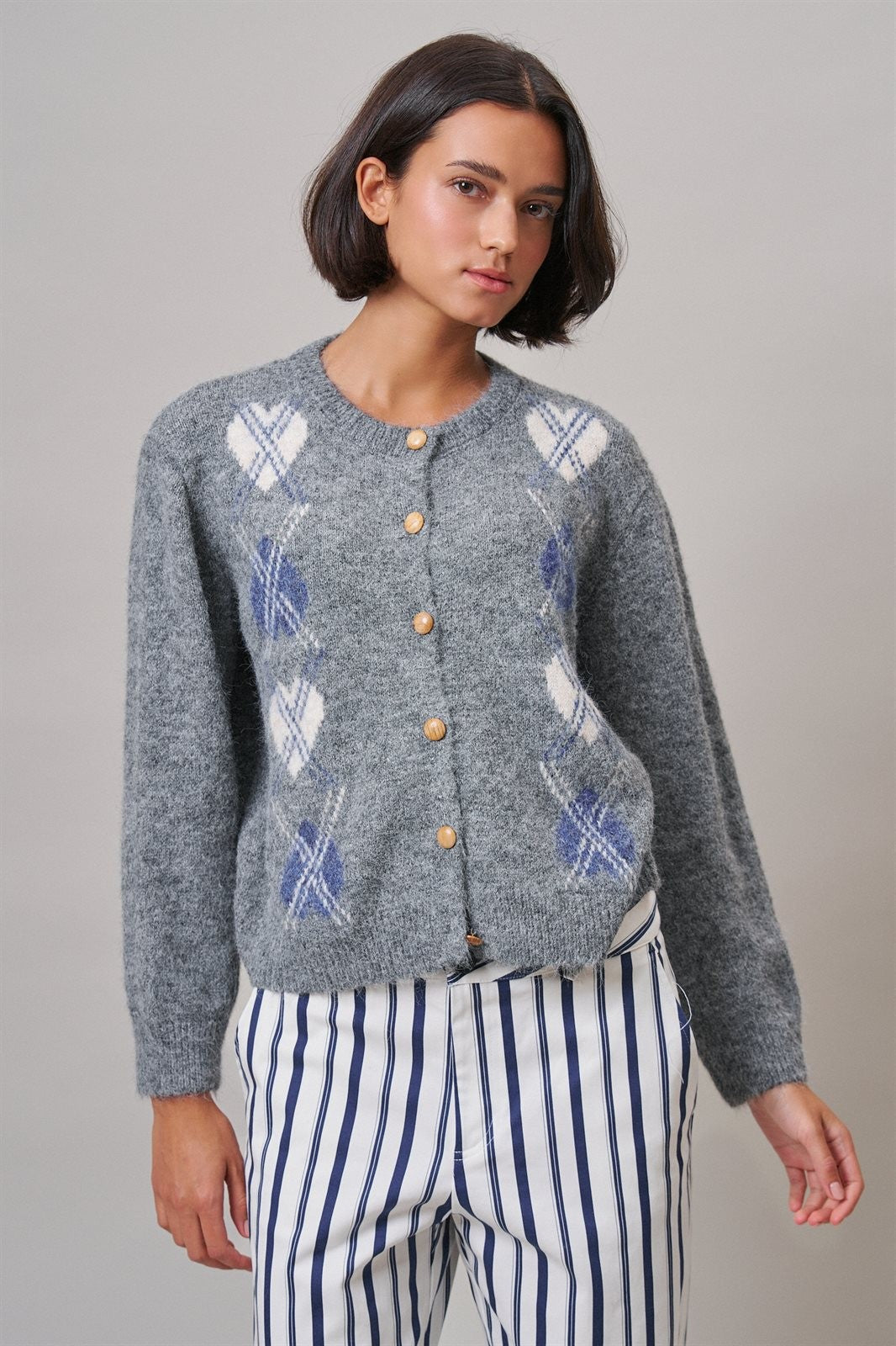 Prep School Argyle Knit Cardigan in Grey - Women's Cardigans & Shrugs | Urban Daizy