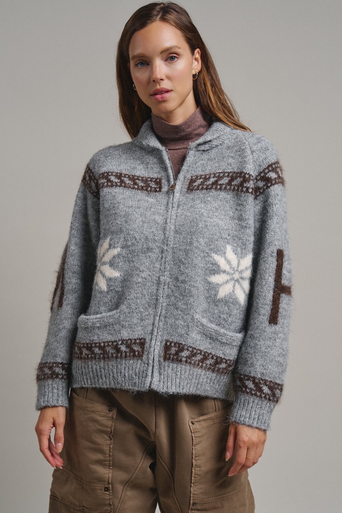 Frost Stag Zip Up Cardigan in Grey - Women's Cardigans & Shrugs | Urban Daizy