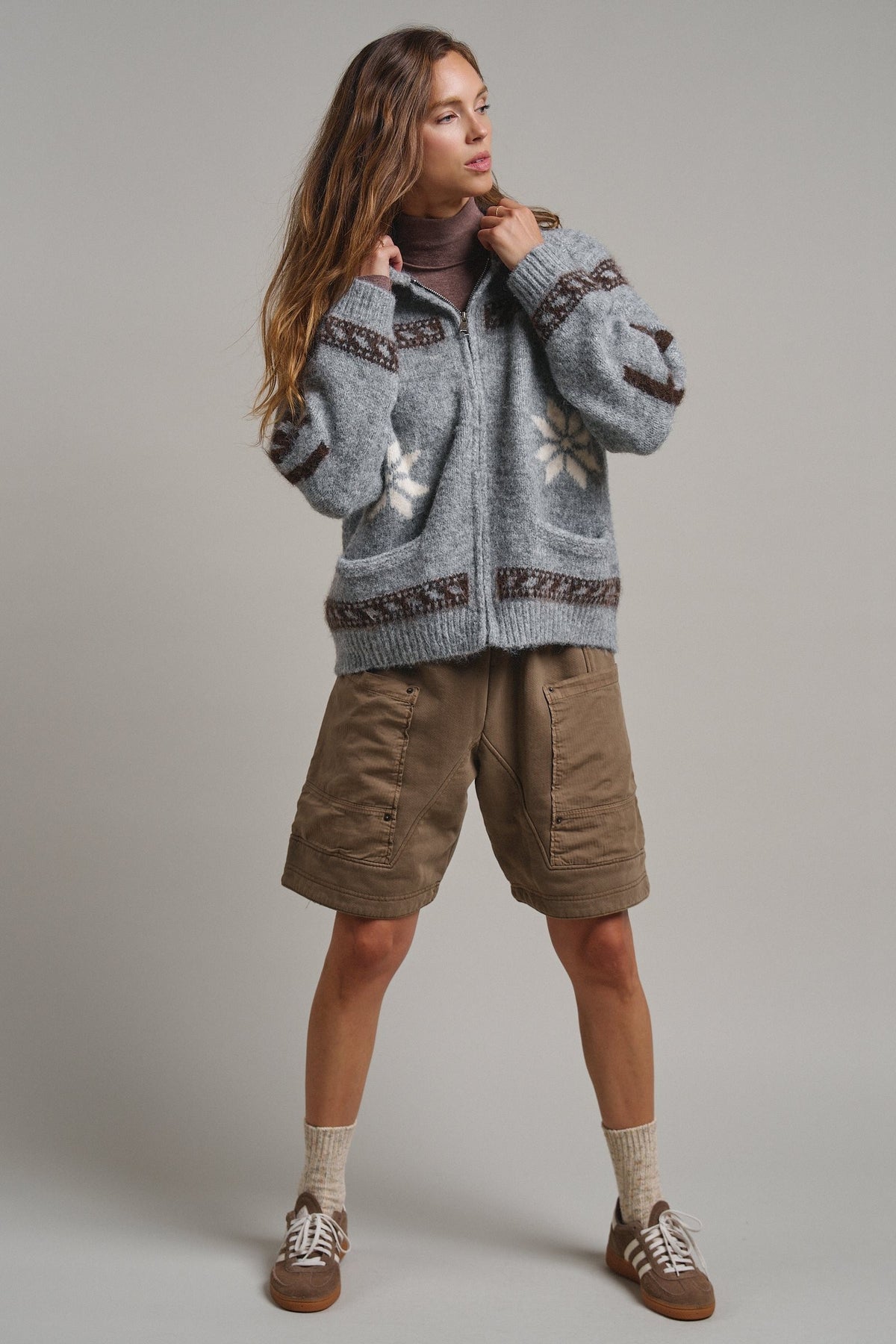 Frost Stag Zip Up Cardigan in Grey - Women's Cardigans & Shrugs | Urban Daizy
