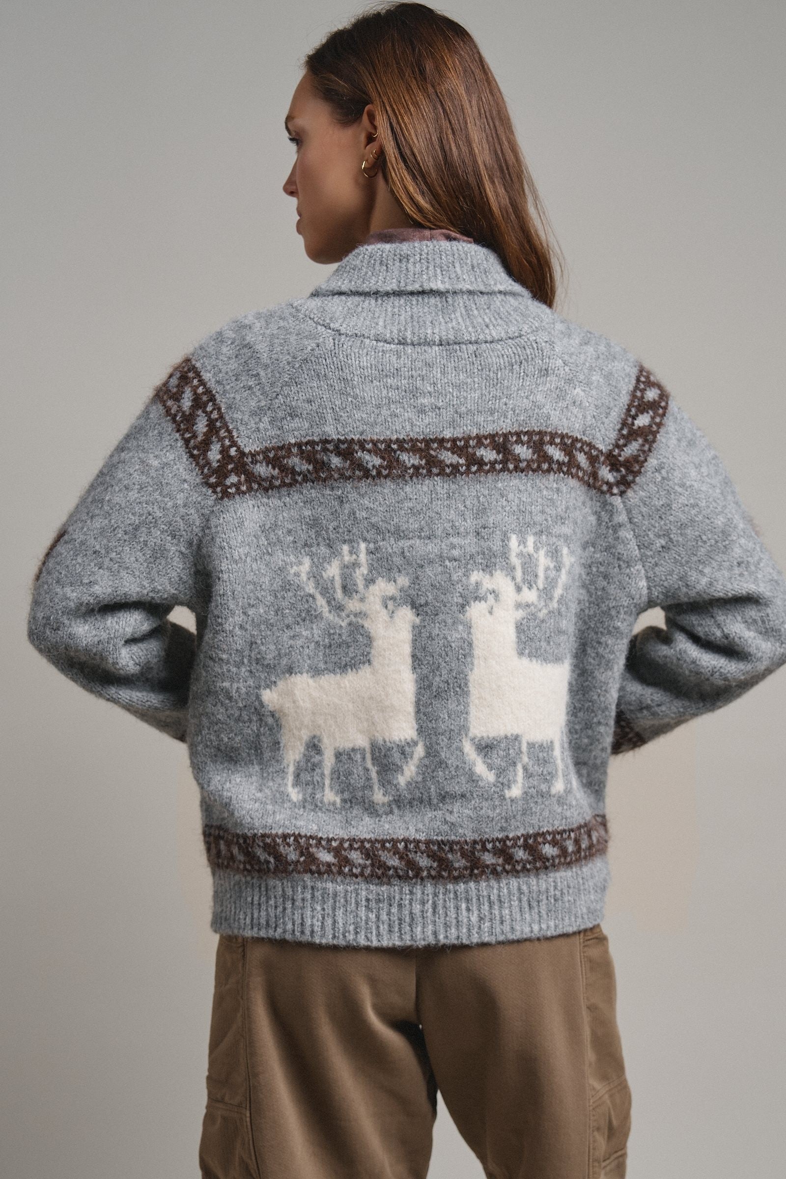 Frost Stag Zip Up Cardigan in Grey - Women's Cardigans & Shrugs | Urban Daizy