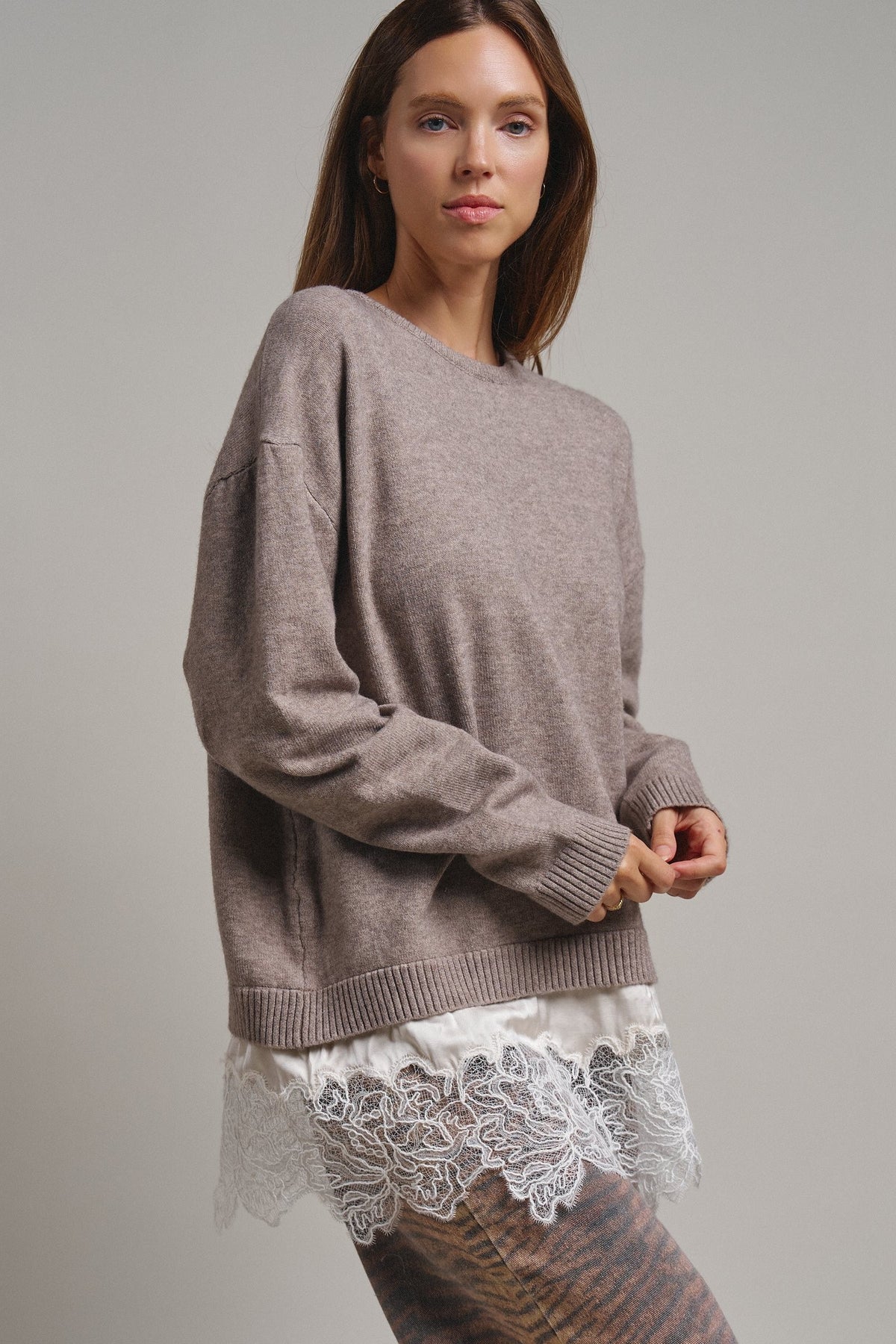 Soft Focus Oversized Crew Sweater in Mocha - Women's Tunics | Urban Daizy