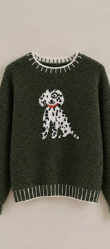 Spotted Pup Intarsia Knit Sweater in Olive - Women's Sweaters | Urban Daizy