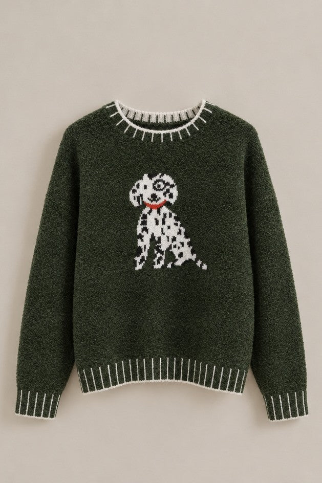 Spotted Pup Intarsia Knit Sweater in Olive - Women's Sweaters | Urban Daizy