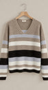 Cabin Stripe V Neck Sweater in Taupe	 - Women's Sweaters | Urban Daizy