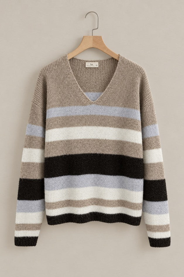 Cabin Stripe V Neck Sweater in Taupe	 - Women's Sweaters | Urban Daizy