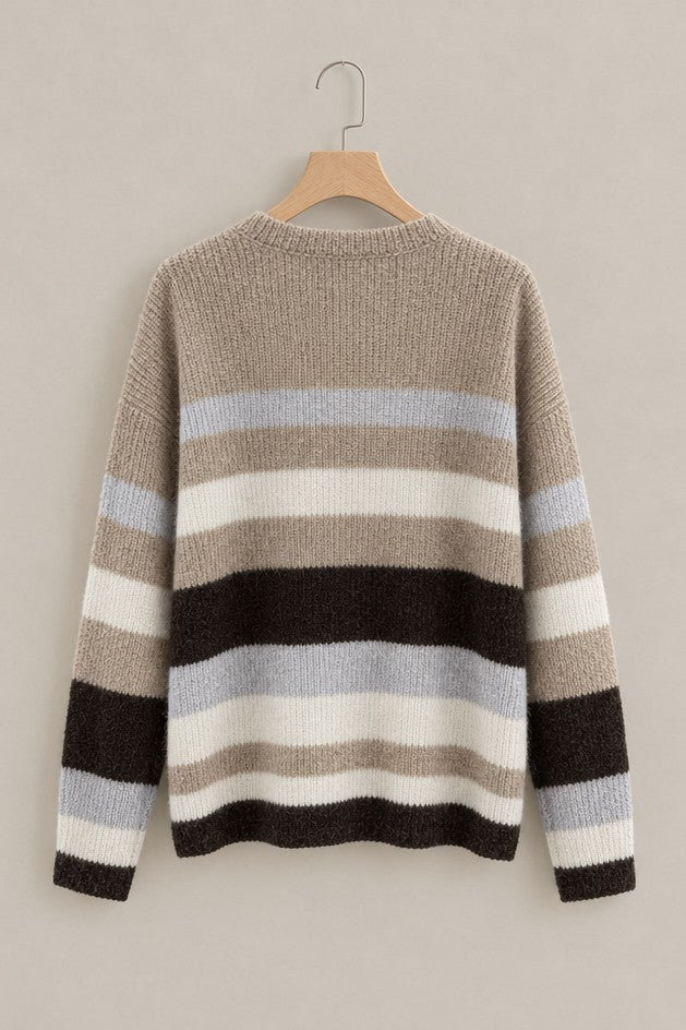 Cabin Stripe V Neck Sweater in Taupe	 - Women's Sweaters | Urban Daizy