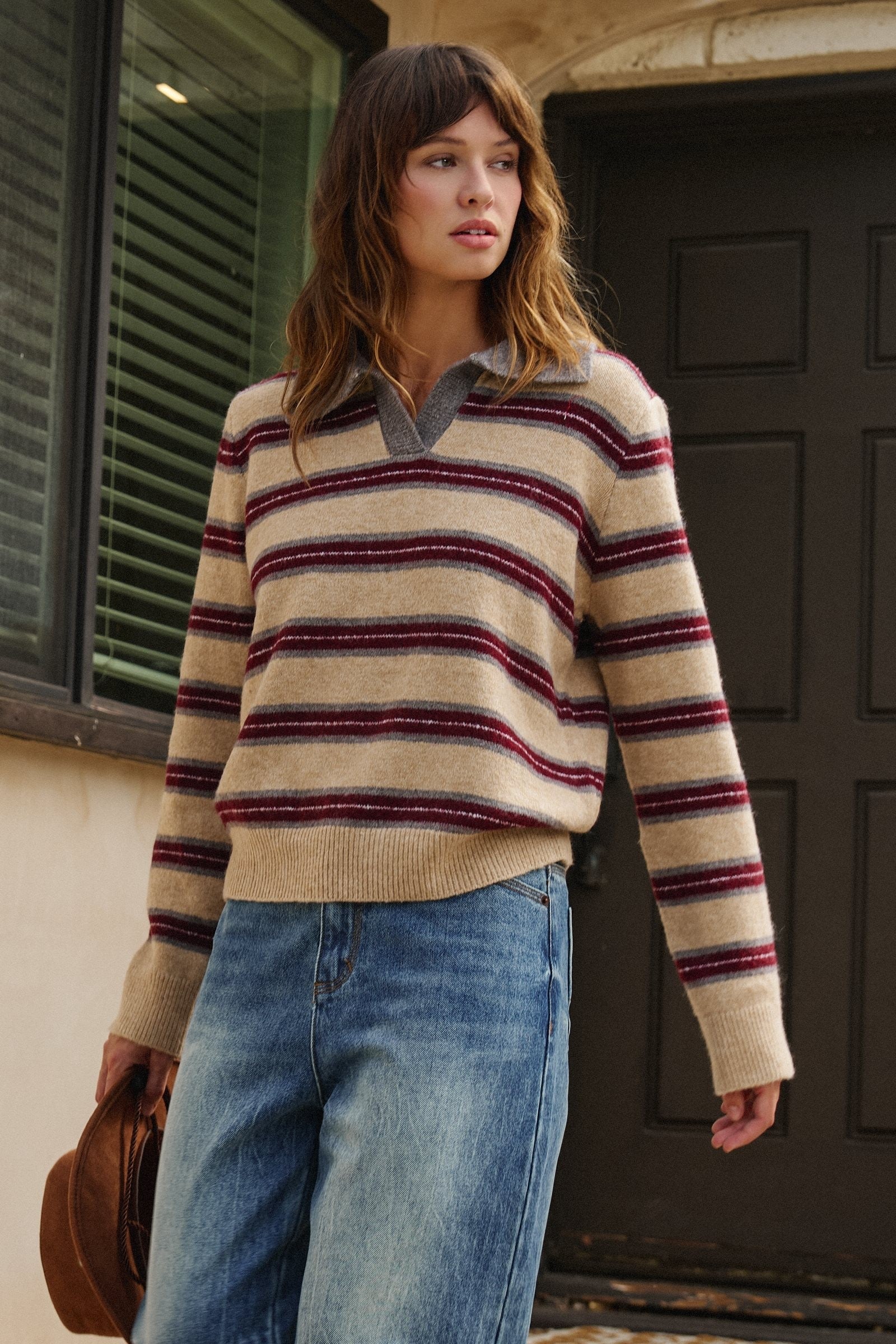 Prep Lane Stripe Polo Sweater in Burgundy Cream - Women's Sweaters | Urban Daizy