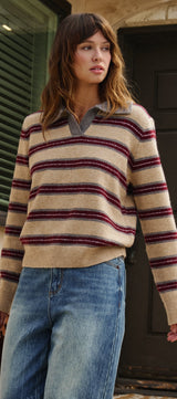 Prep Lane Stripe Polo Sweater in Burgundy Cream - Women's Sweaters | Urban Daizy