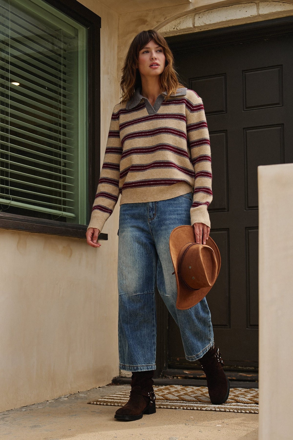 Prep Lane Stripe Polo Sweater in Burgundy Cream - Women's Sweaters | Urban Daizy
