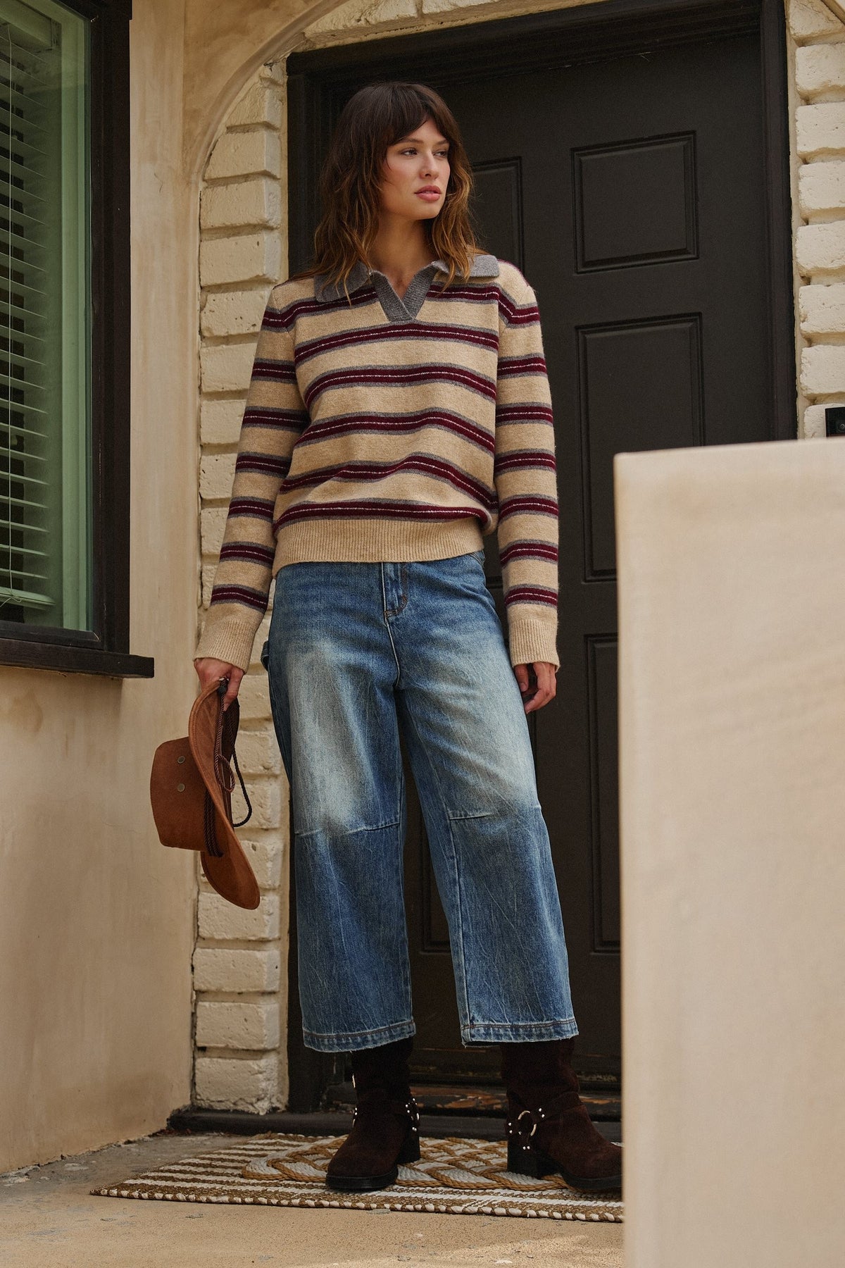 Prep Lane Stripe Polo Sweater in Burgundy Cream - Women's Sweaters | Urban Daizy