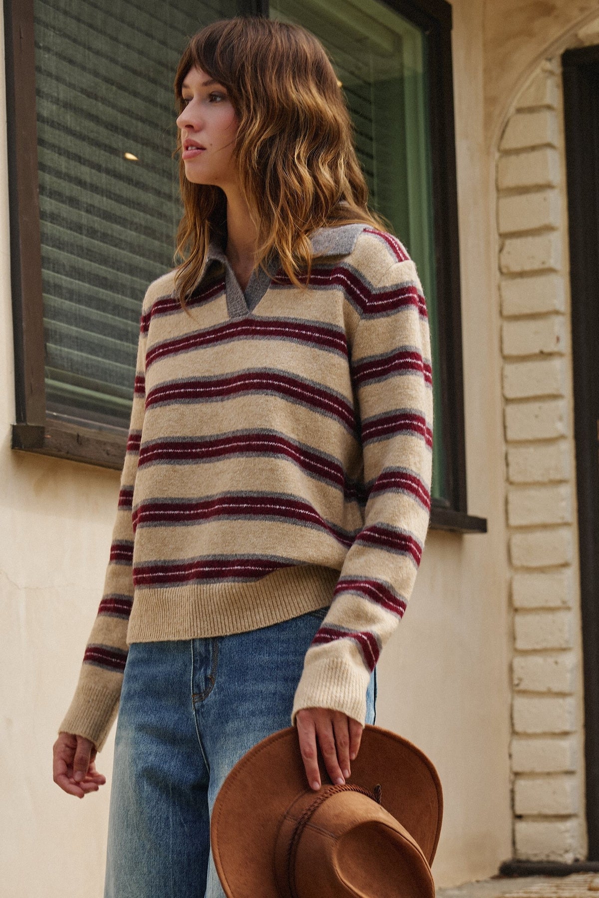 Prep Lane Stripe Polo Sweater in Burgundy Cream - Women's Sweaters | Urban Daizy