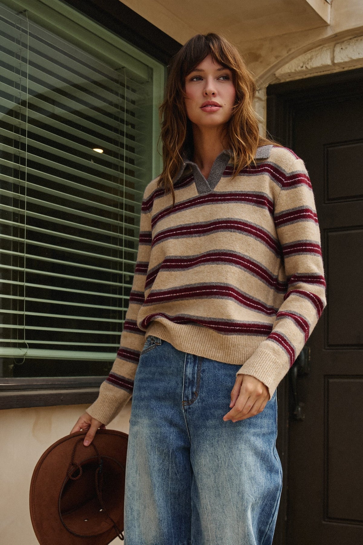 Prep Lane Stripe Polo Sweater in Burgundy Cream - Women's Sweaters | Urban Daizy