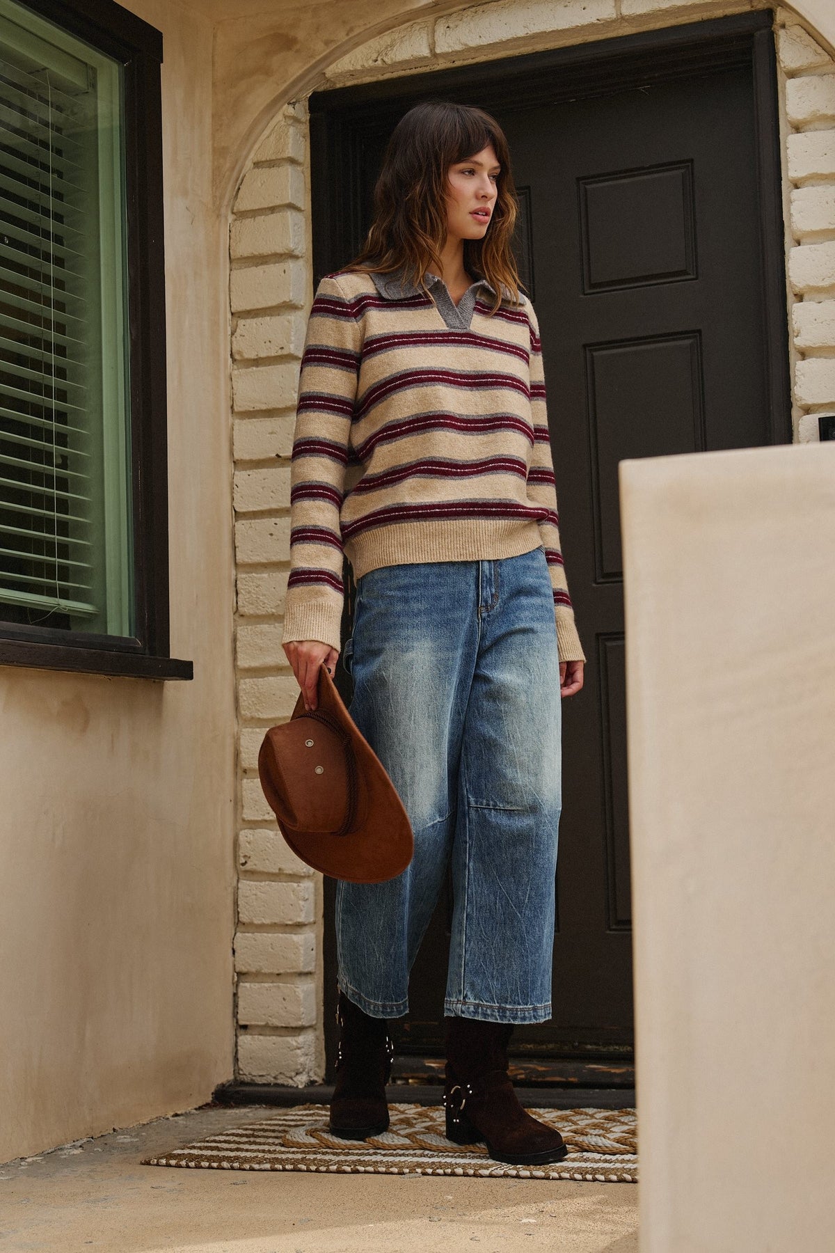 Prep Lane Stripe Polo Sweater in Burgundy Cream - Women's Sweaters | Urban Daizy
