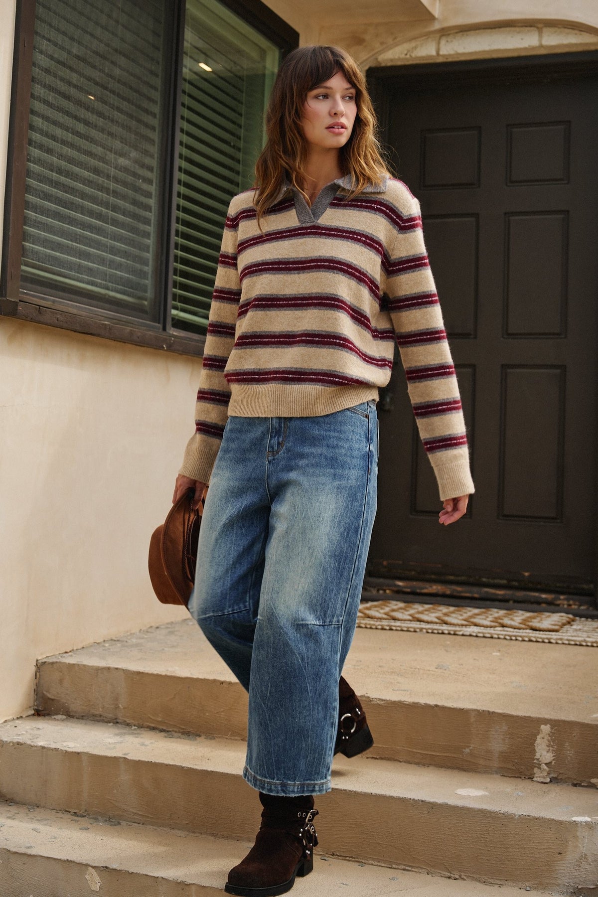Prep Lane Stripe Polo Sweater in Burgundy Cream - Women's Sweaters | Urban Daizy