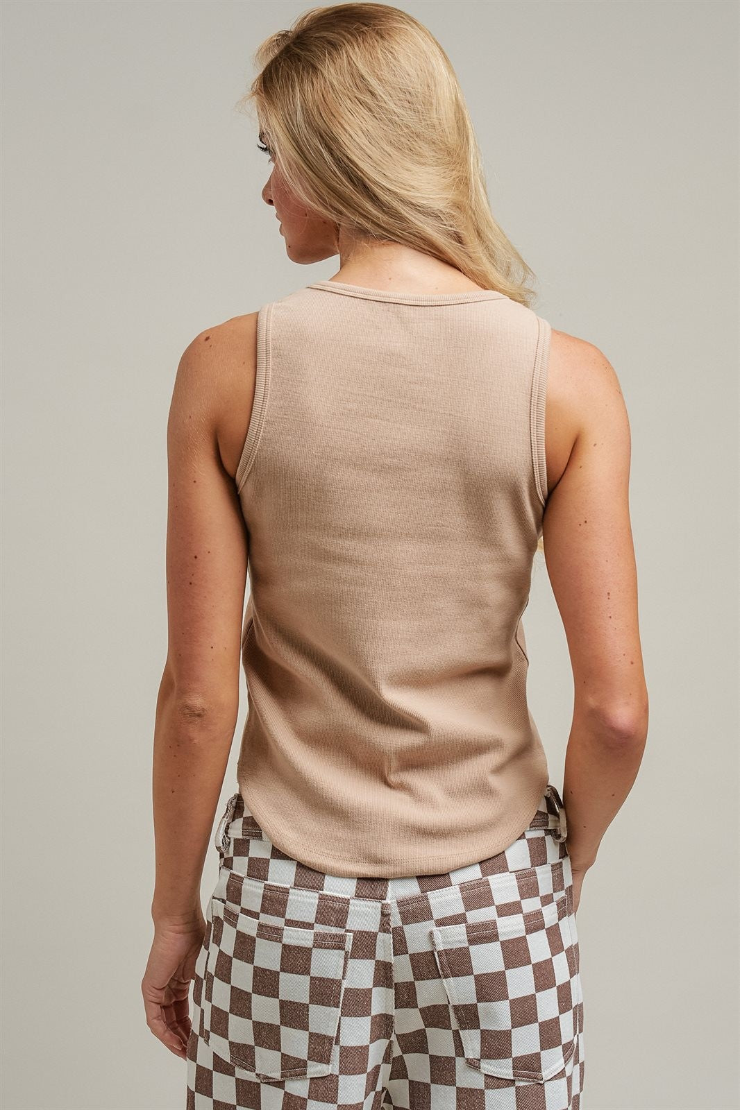 Ribbed Knit Tank Top With Overall Buckle Straps in Khaki - Women's Fashion | Urban Daizy
