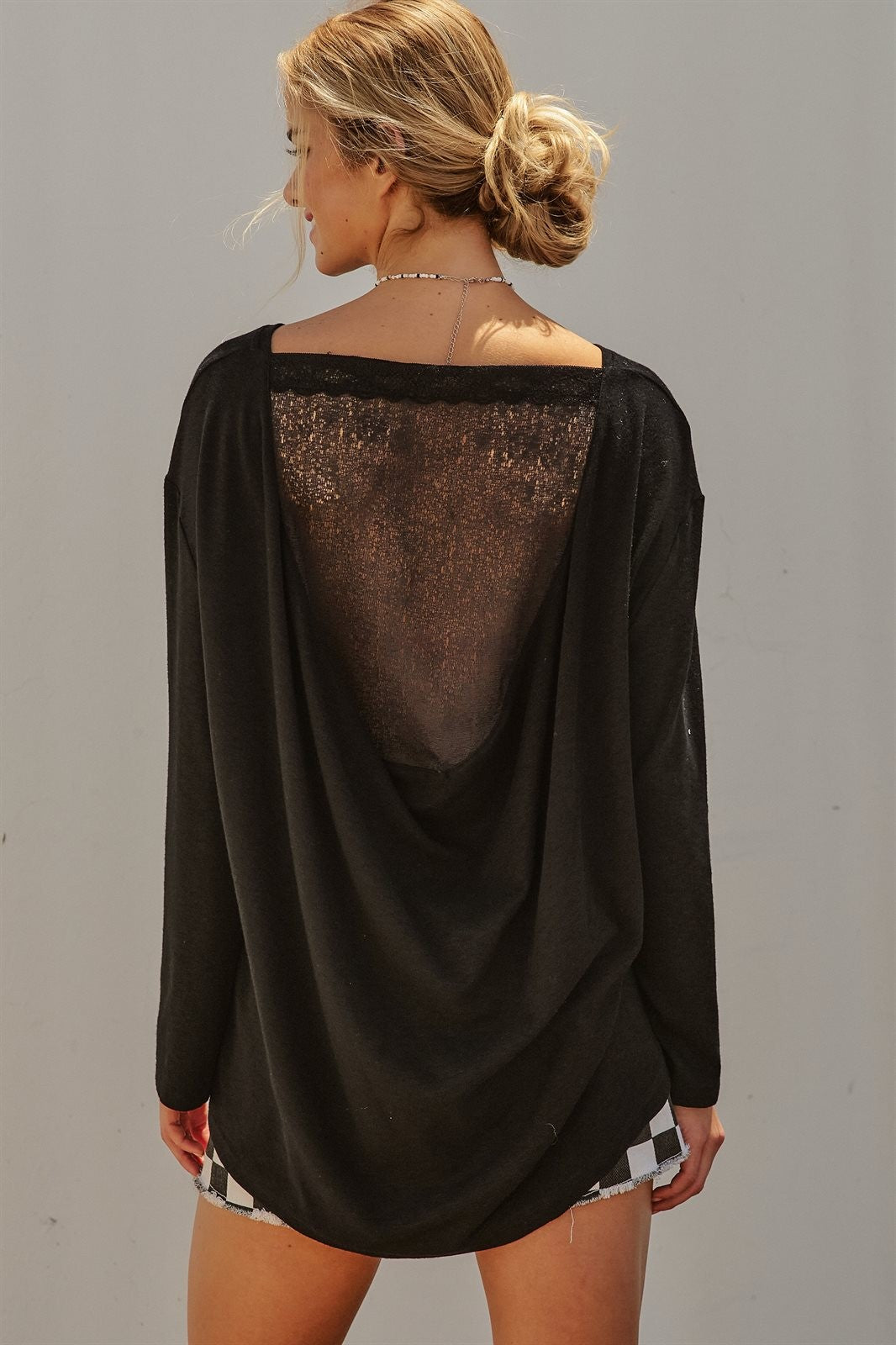 Drape Back Lace Insert Knit Top with Boat Neck in Black - Women's Fashion | Urban Daizy