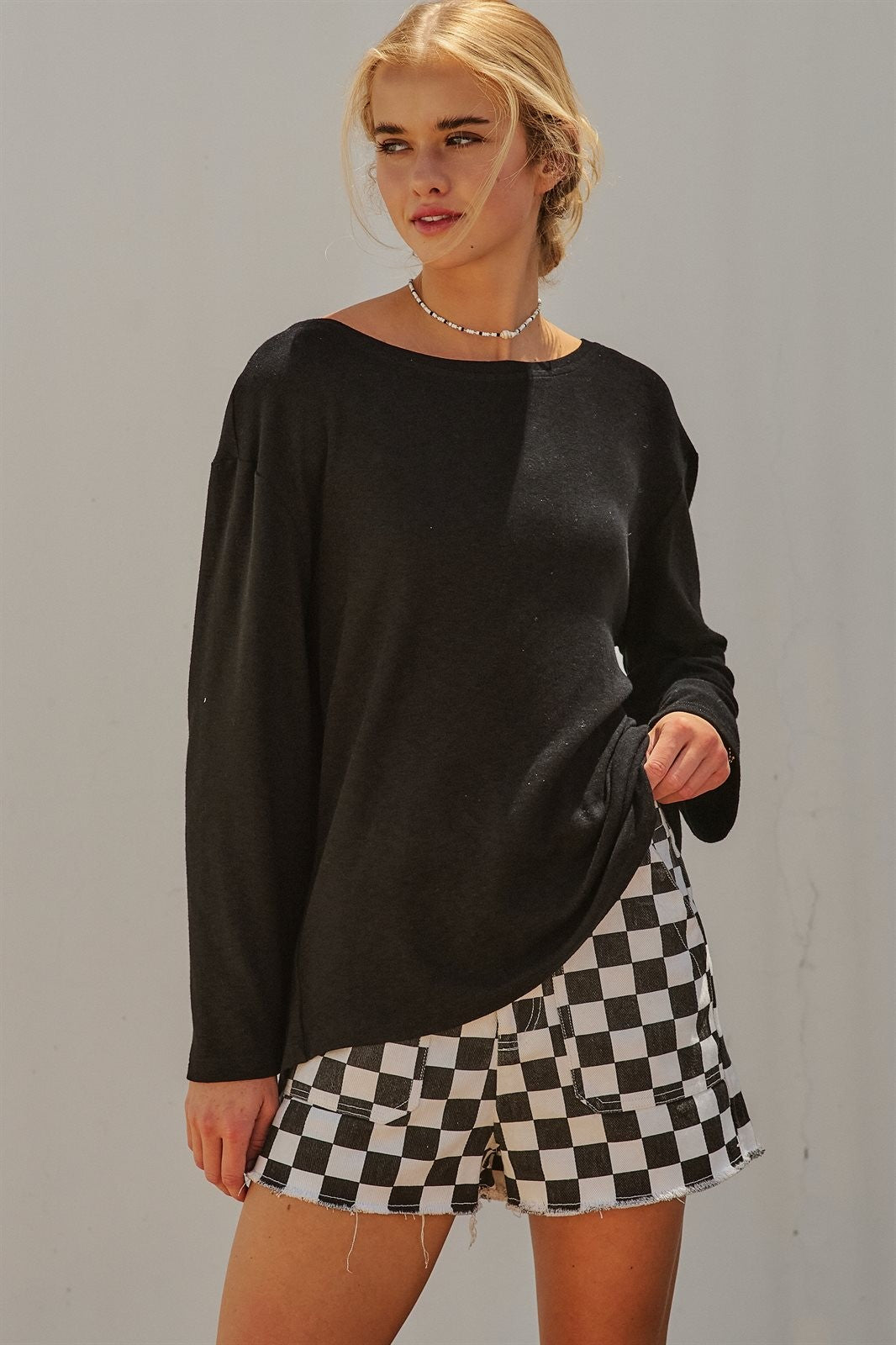 Drape Back Lace Insert Knit Top with Boat Neck in Black - Women's Fashion | Urban Daizy