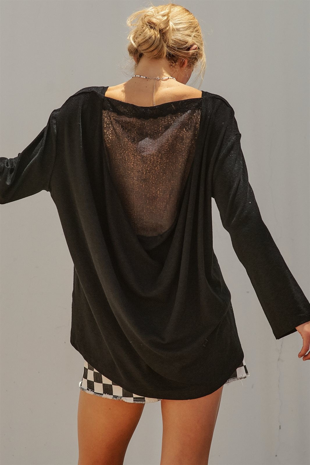 Drape Back Lace Insert Knit Top with Boat Neck in Black - Women's Fashion | Urban Daizy
