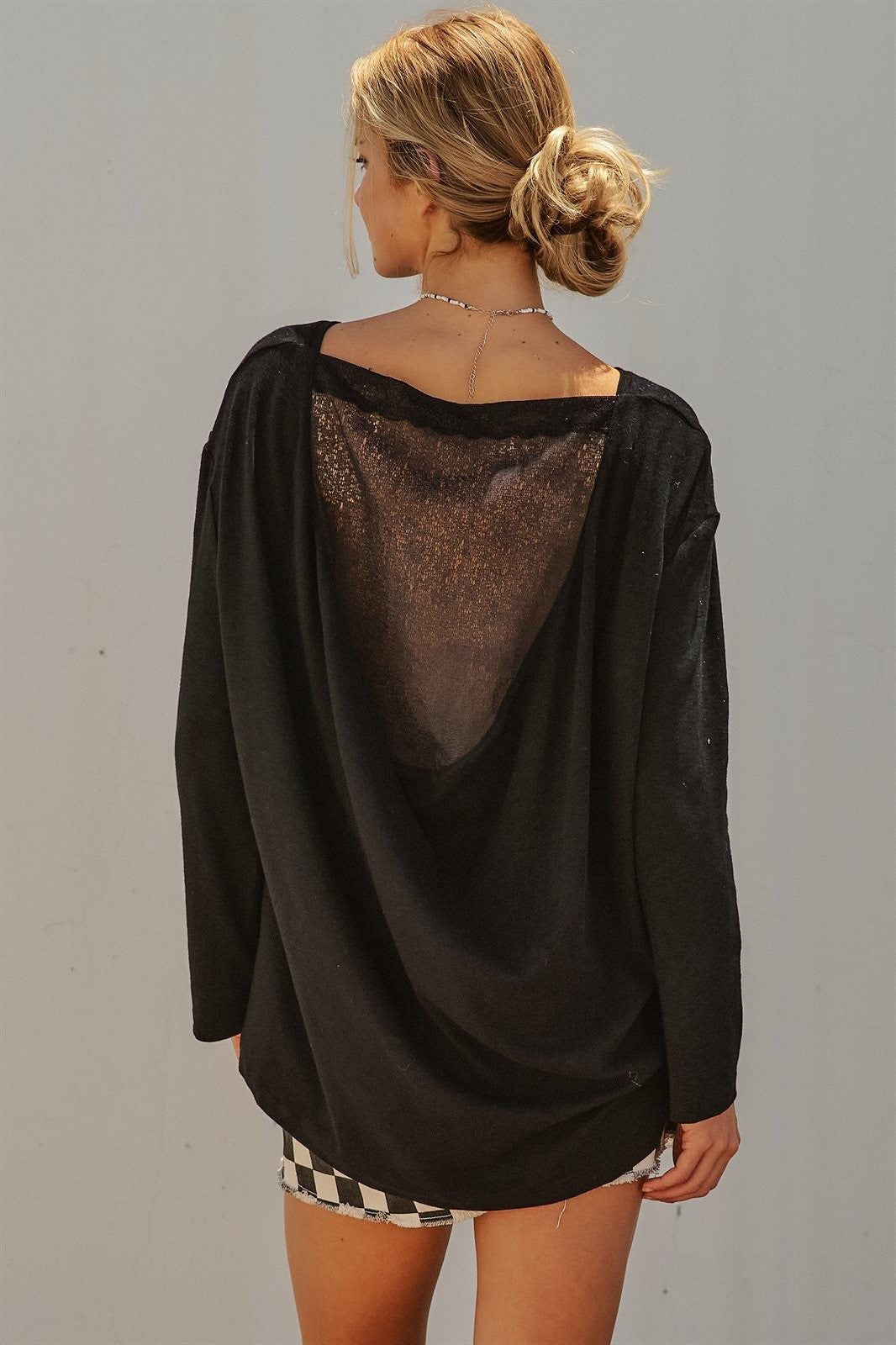 Drape Back Lace Insert Knit Top with Boat Neck in Black - Women's Fashion | Urban Daizy