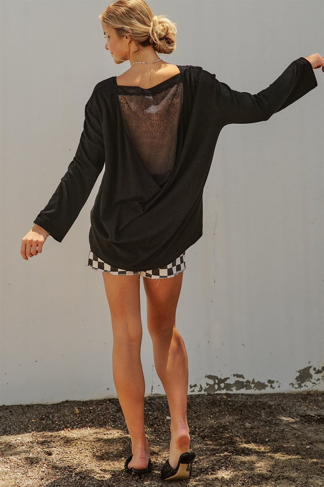 Drape Back Lace Insert Knit Top with Boat Neck in Black - Women's Fashion | Urban Daizy