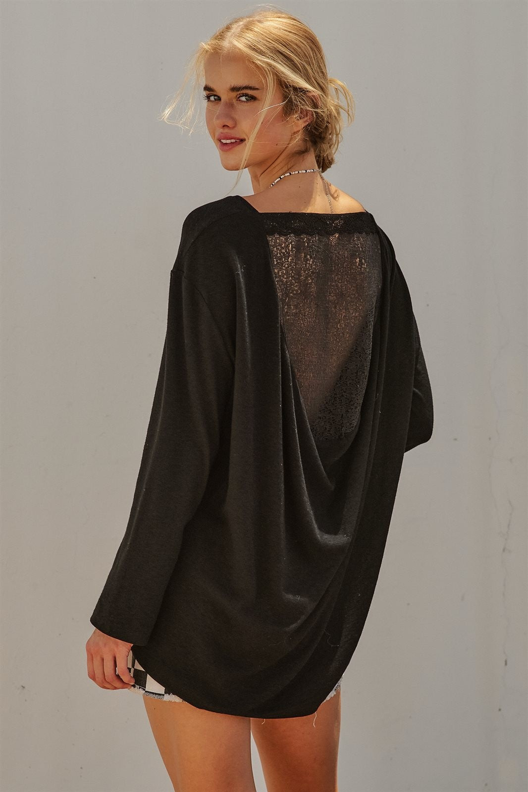 Drape Back Lace Insert Knit Top with Boat Neck in Black - Women's Fashion | Urban Daizy