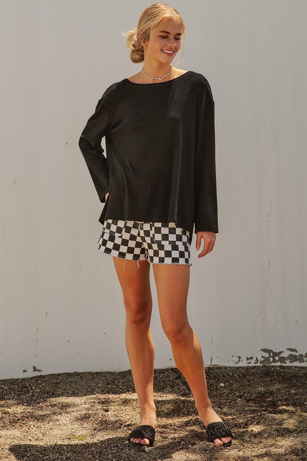 Drape Back Lace Insert Knit Top with Boat Neck in Black - Women's Fashion | Urban Daizy