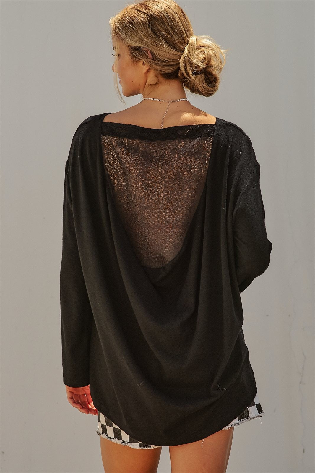 Drape Back Lace Insert Knit Top with Boat Neck in Black - Women's Fashion | Urban Daizy