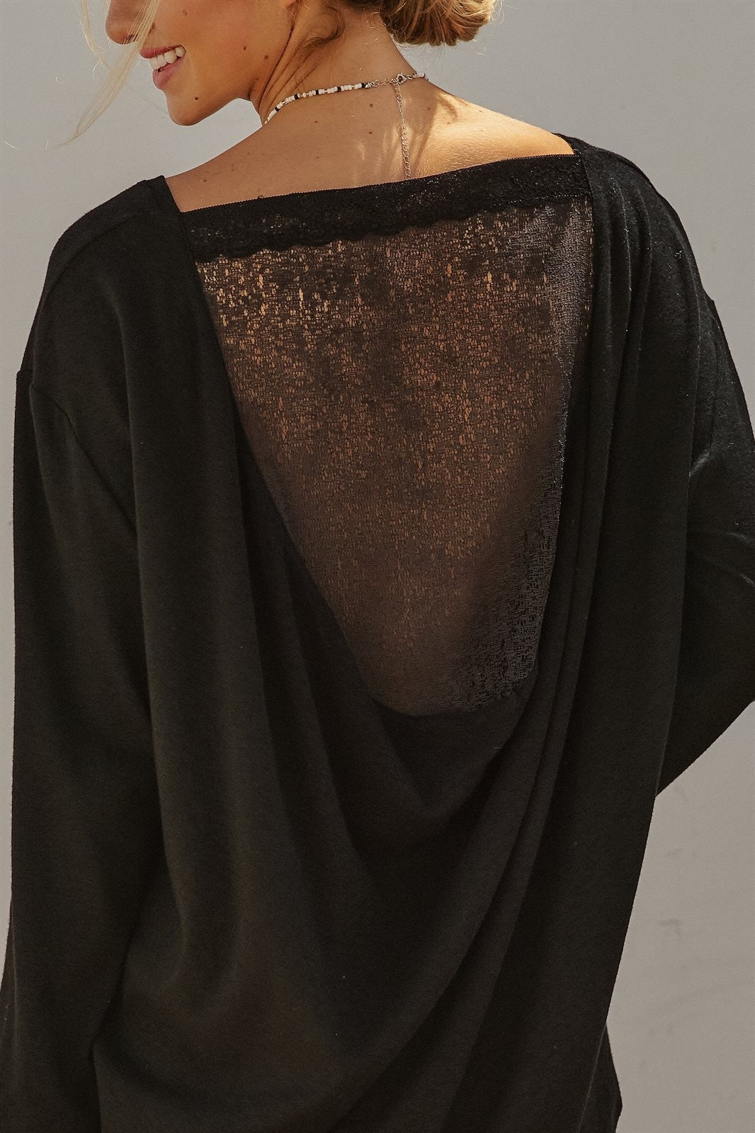 Drape Back Lace Insert Knit Top with Boat Neck in Black - Women's Fashion | Urban Daizy