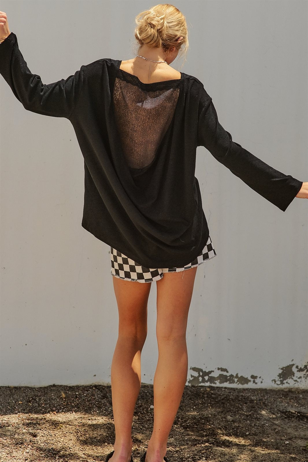 Drape Back Lace Insert Knit Top with Boat Neck in Black - Women's Fashion | Urban Daizy