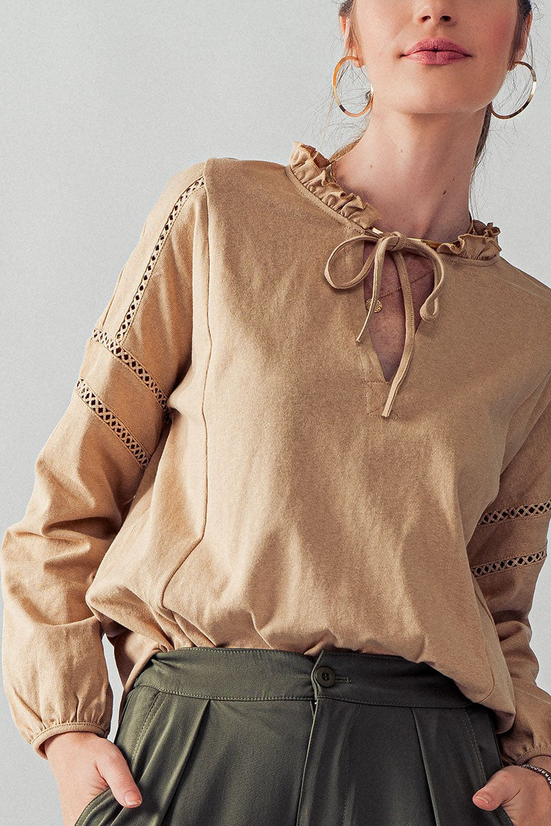 Crochet Trim Ruffle Neck Tie Front Top in Taupe - Women's Tops | Urban Daizy