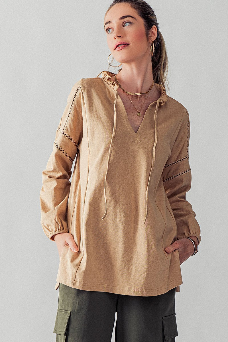 Crochet Trim Ruffle Neck Tie Front Top in Taupe - Women's Tops | Urban Daizy