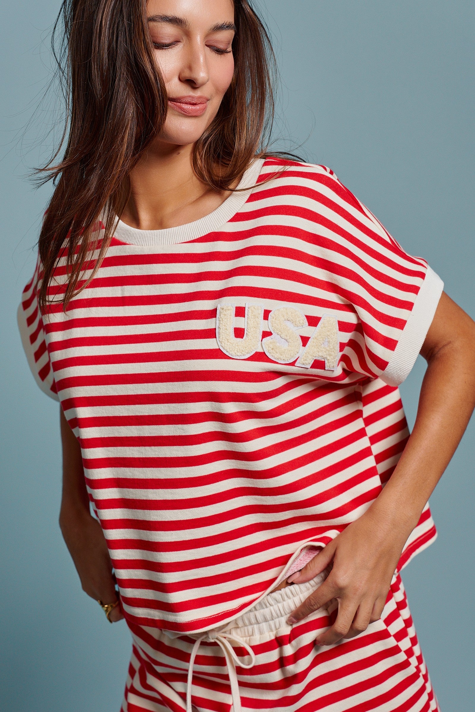 USA Striped French Terry Knit Tee Set in Red Stripe - Women's Tops | Urban Daizy
